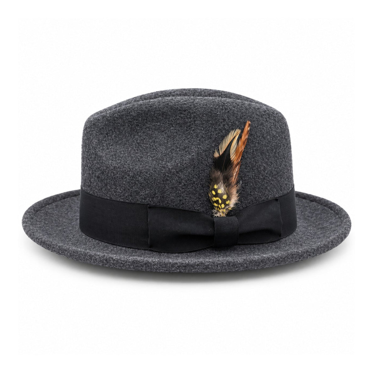 Heather Black Montique Lightfelt wide brim wool felt fedora hat side view with pinch crown and grosgrain band