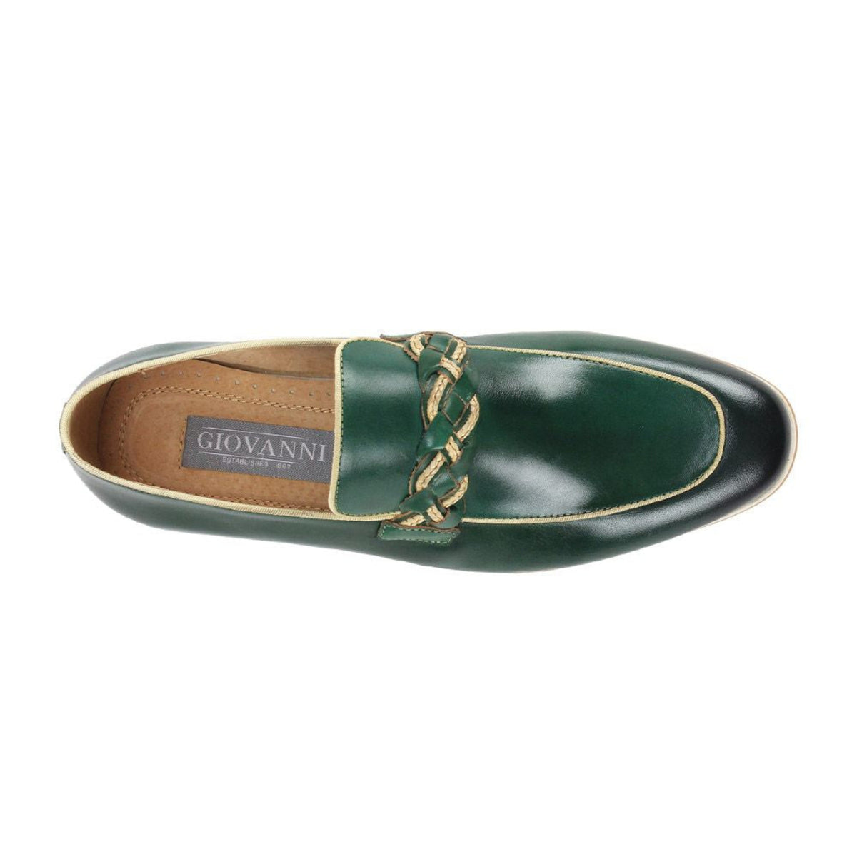 green moc toe leather slip-on shoe with woven strap top view