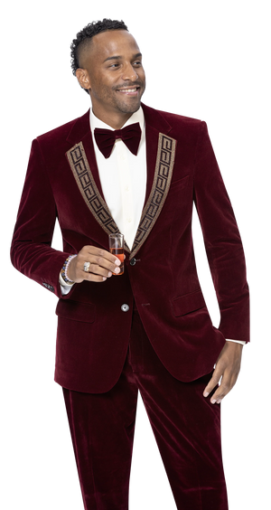 Mimas Collection: Burgundy Two Piece Velvet Fashion Suit