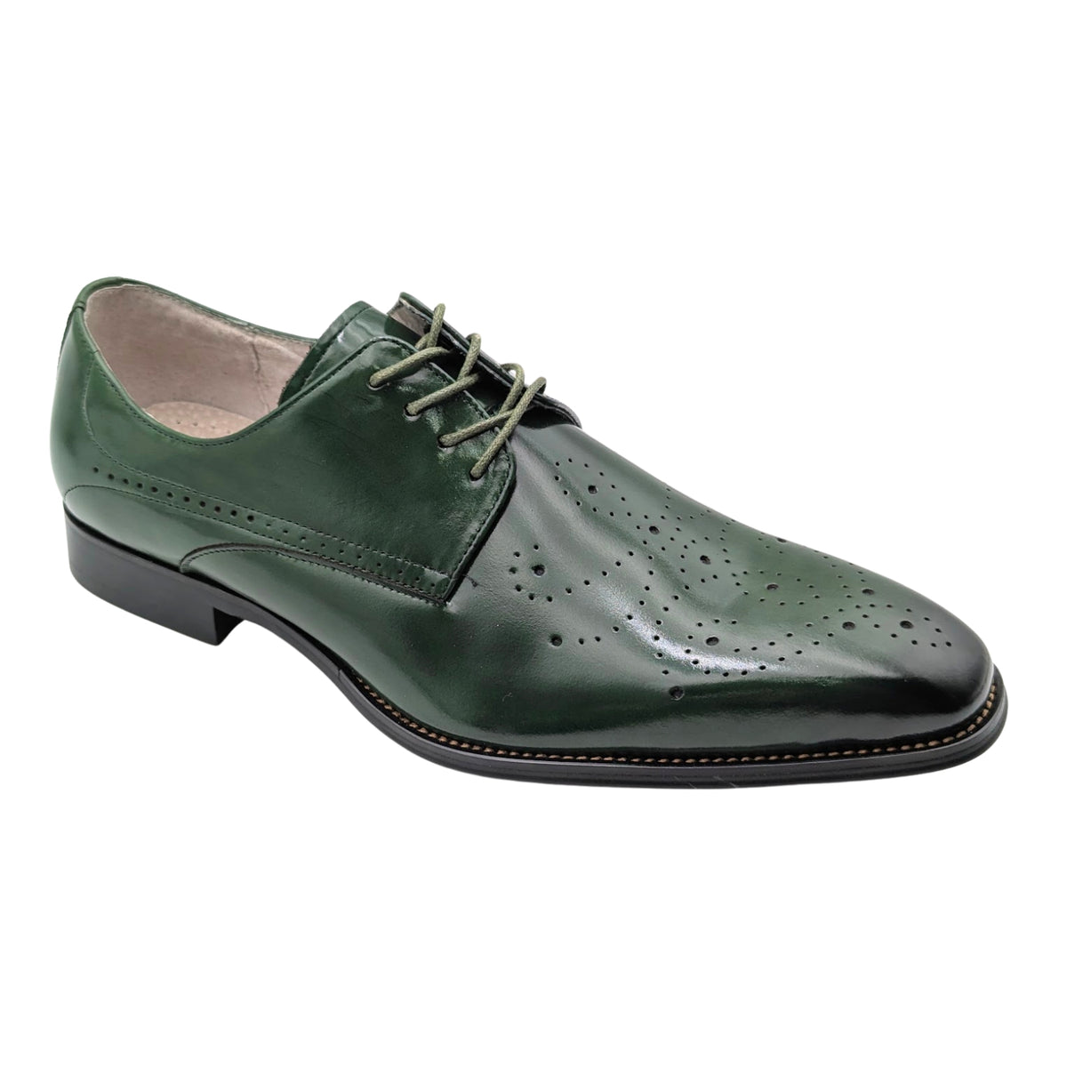 green genuine leather lace-up dress shoe with medallion toe side view