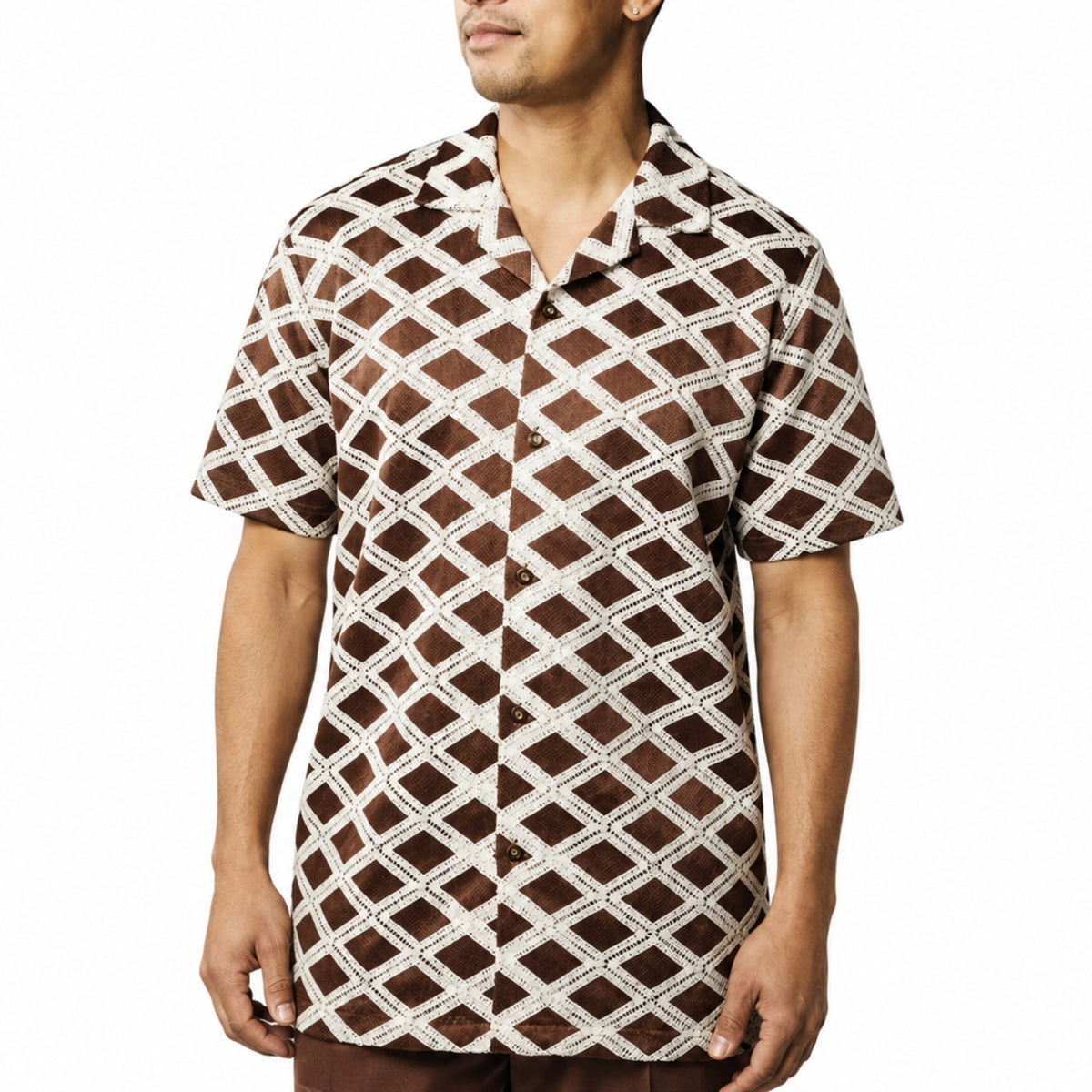 brown and white fancy crochet woven short sleeve shirt by Stacy Adams front view
