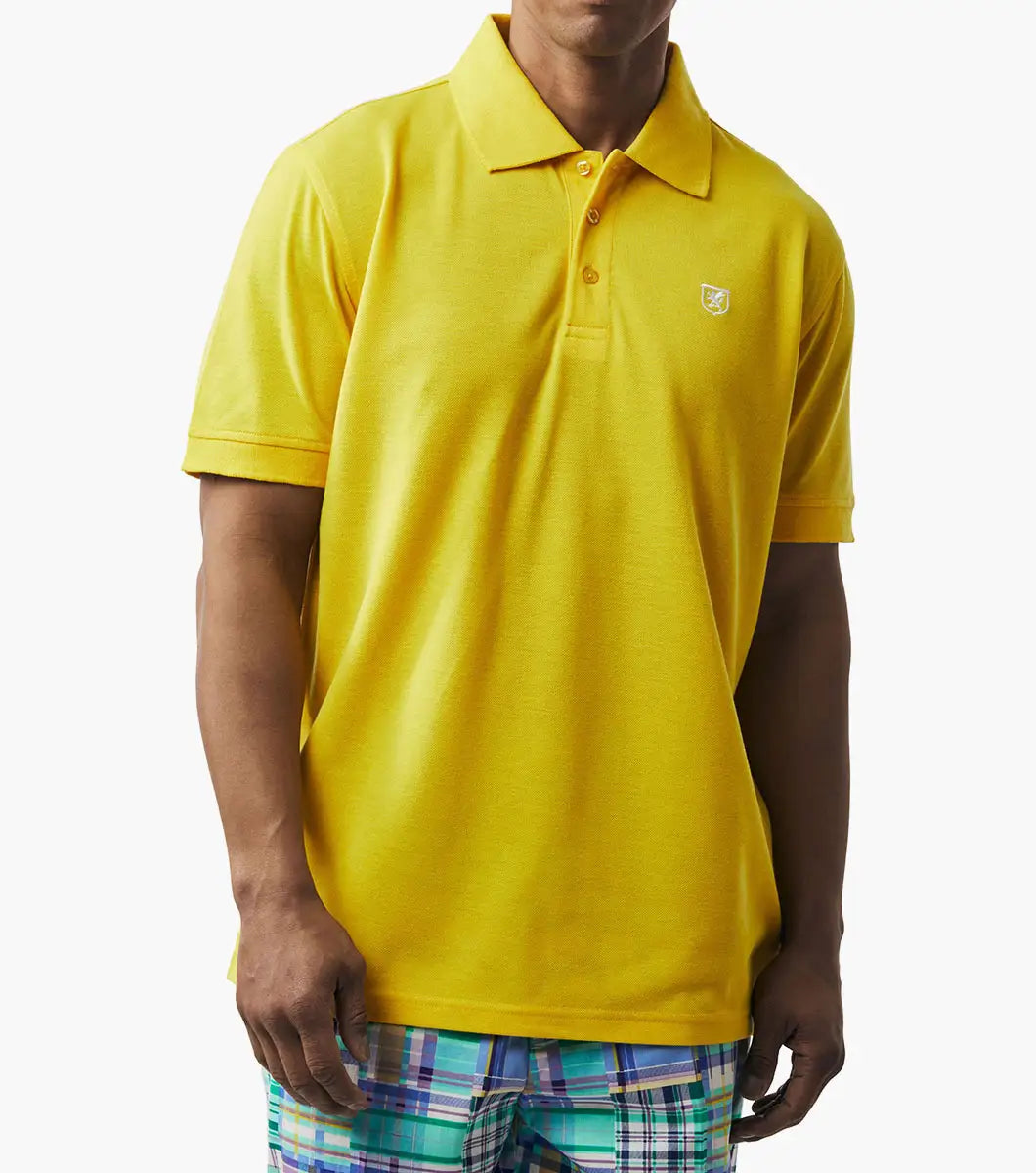 yellow three button polo shirt front view