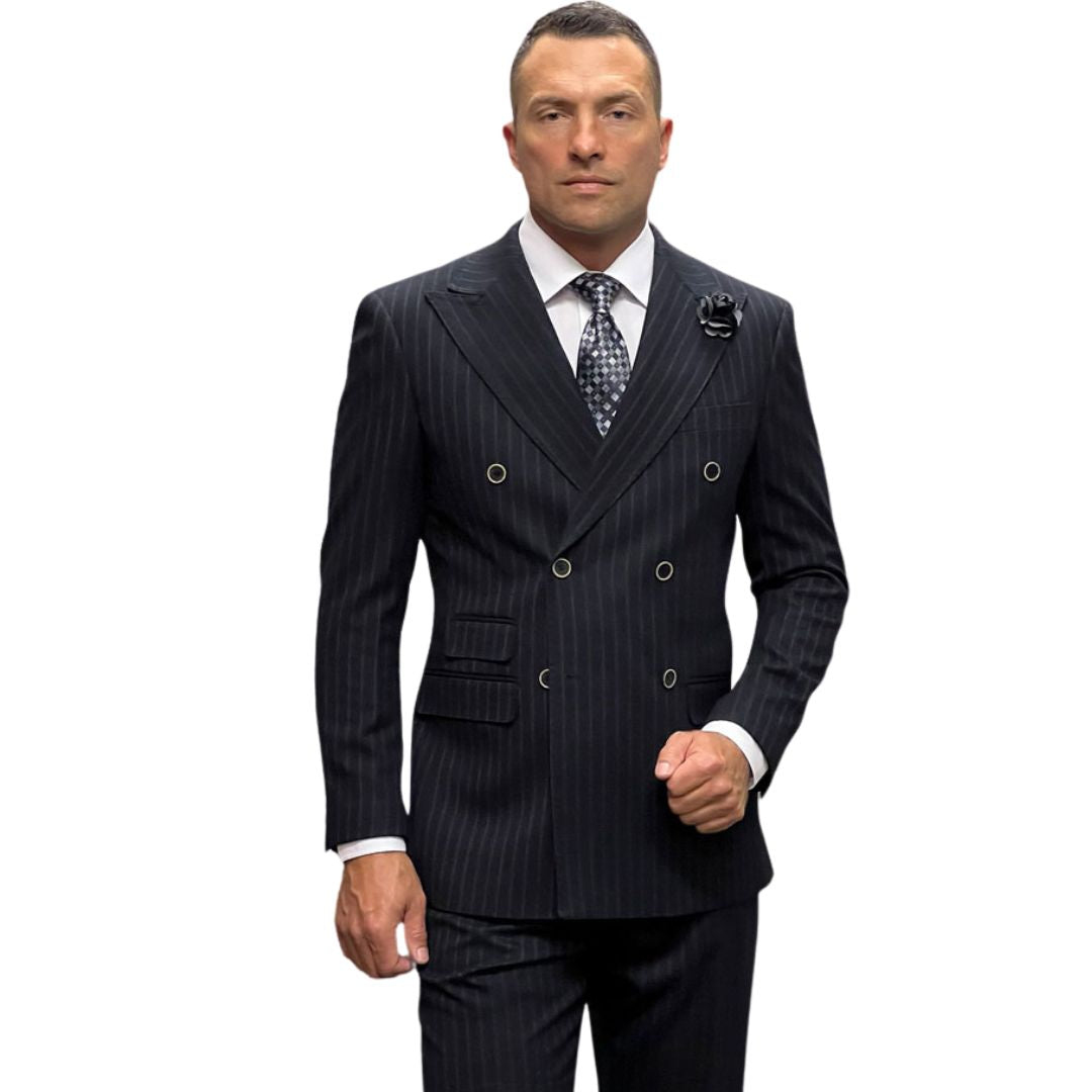Black Pinstripe Double Breasted Suit Modern Fit – Suits & More