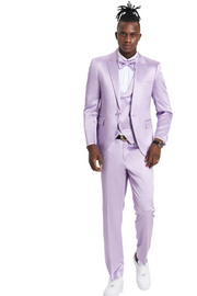 Tales Collection: Men's Sharkskin 3-Pc Suit with Peak Lapel In Lavender- Slim Fit
