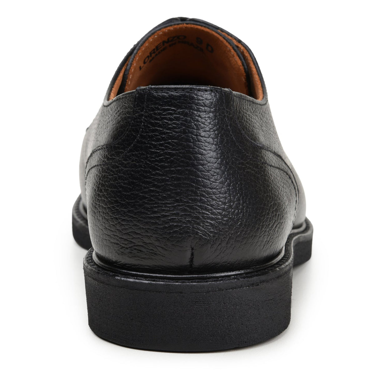 Back view of black suede Derby shoe