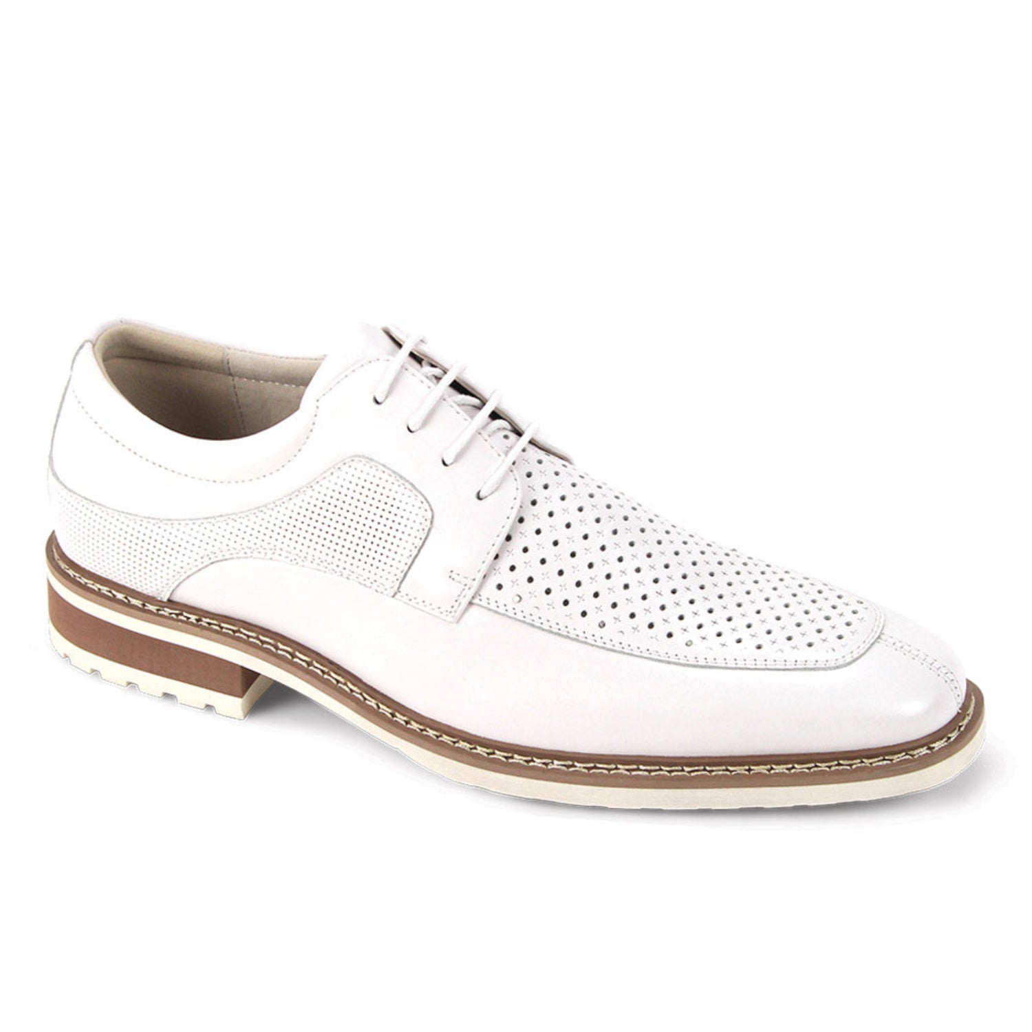 white perforated leather moc toe lace-up dress shoe side view