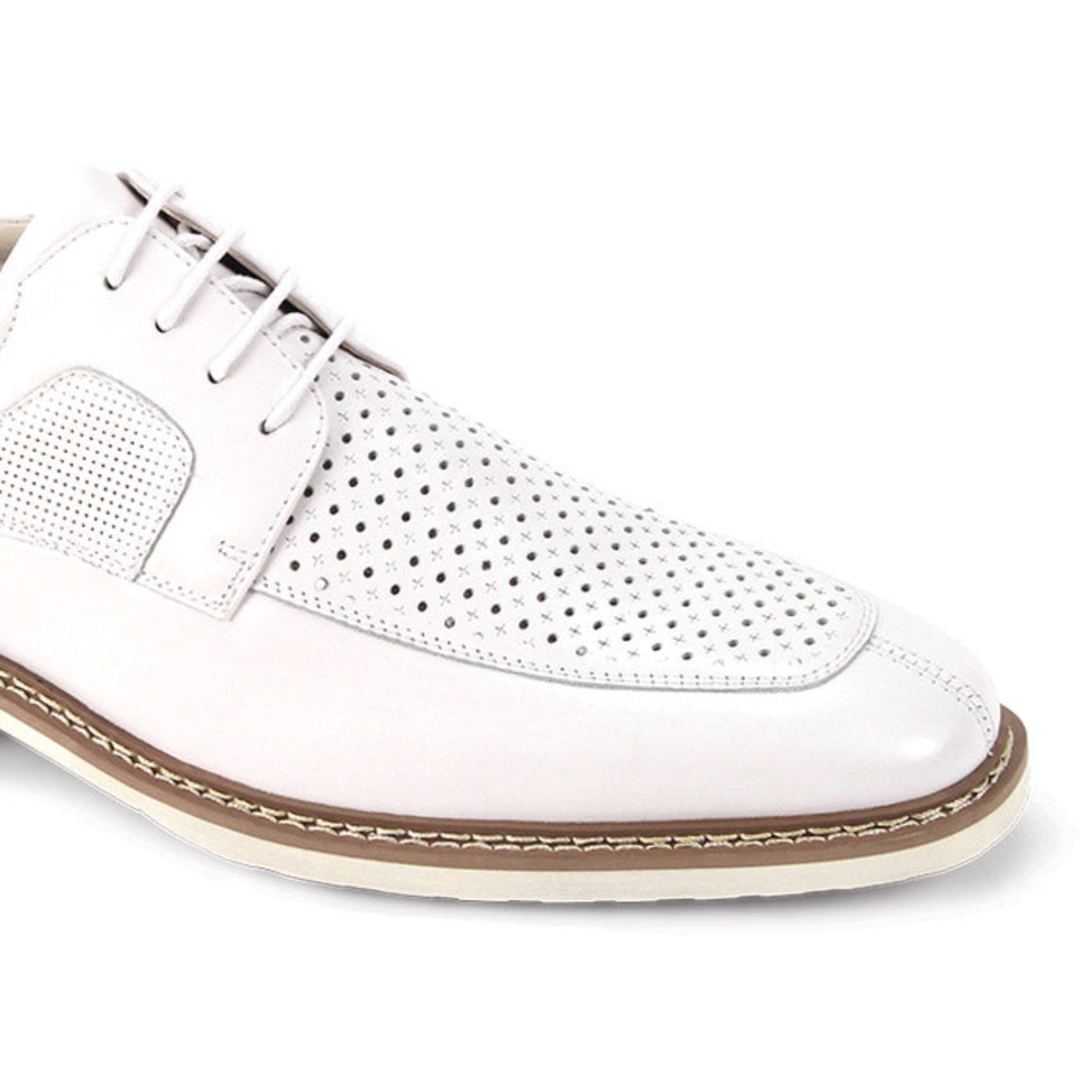 close-up perforated leather detail white moc toe dress shoe