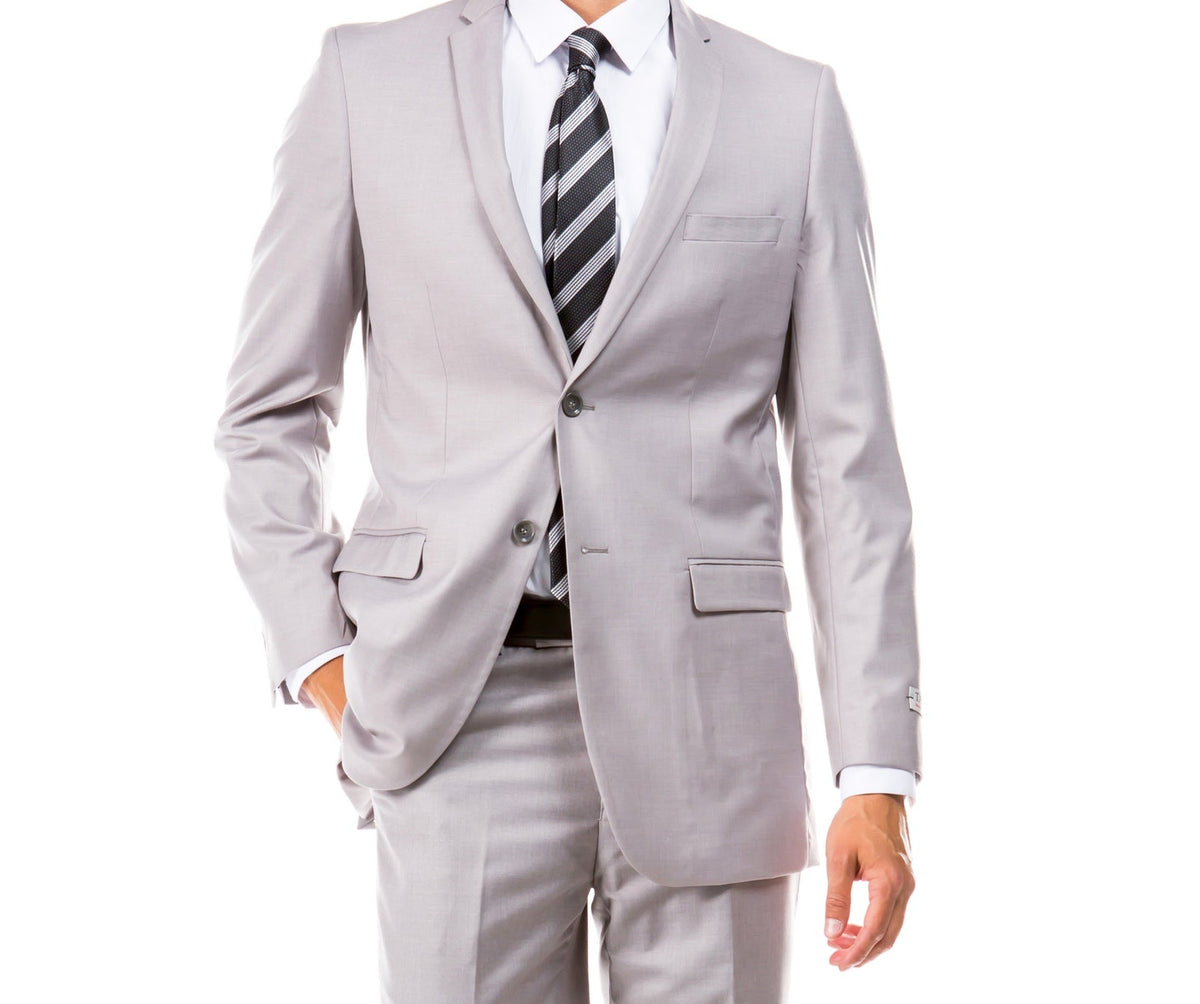 Light Grey M085S two-piece slim fit suit, close view of the notch-lapel jacket.