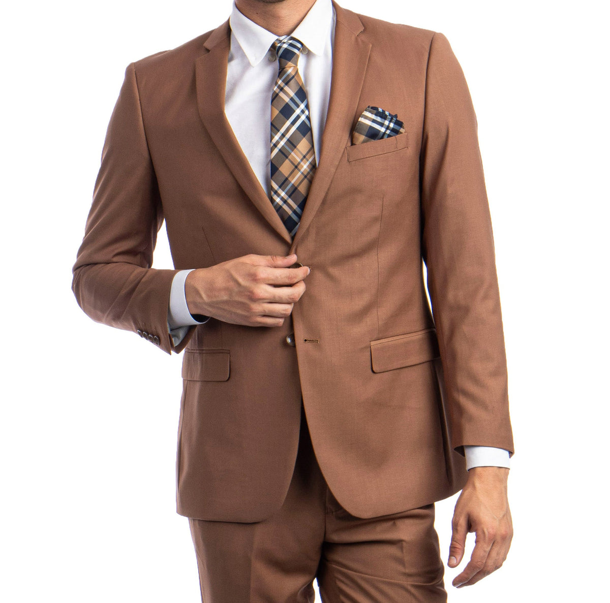 Closer front view of the caramel M085S suit jacket