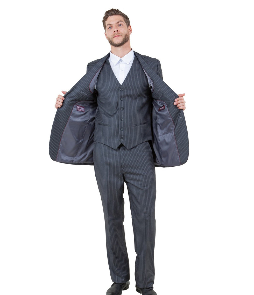 Men’s Beige Pinstripe Three-Piece Suit - Classic Fit Formal Suit with Vest and Flat-Front Pants in Tan Stripe By Rossiman USA Men's Outlet main image 0