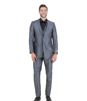 Odyssey Collection: Three-Piece Slim Fit Sharkskin Solid Suit in Dark Grey