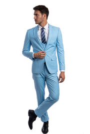 Midas Collection: Ultra Slim Three-Piece Suit with Peak Lapel in Sky Blue