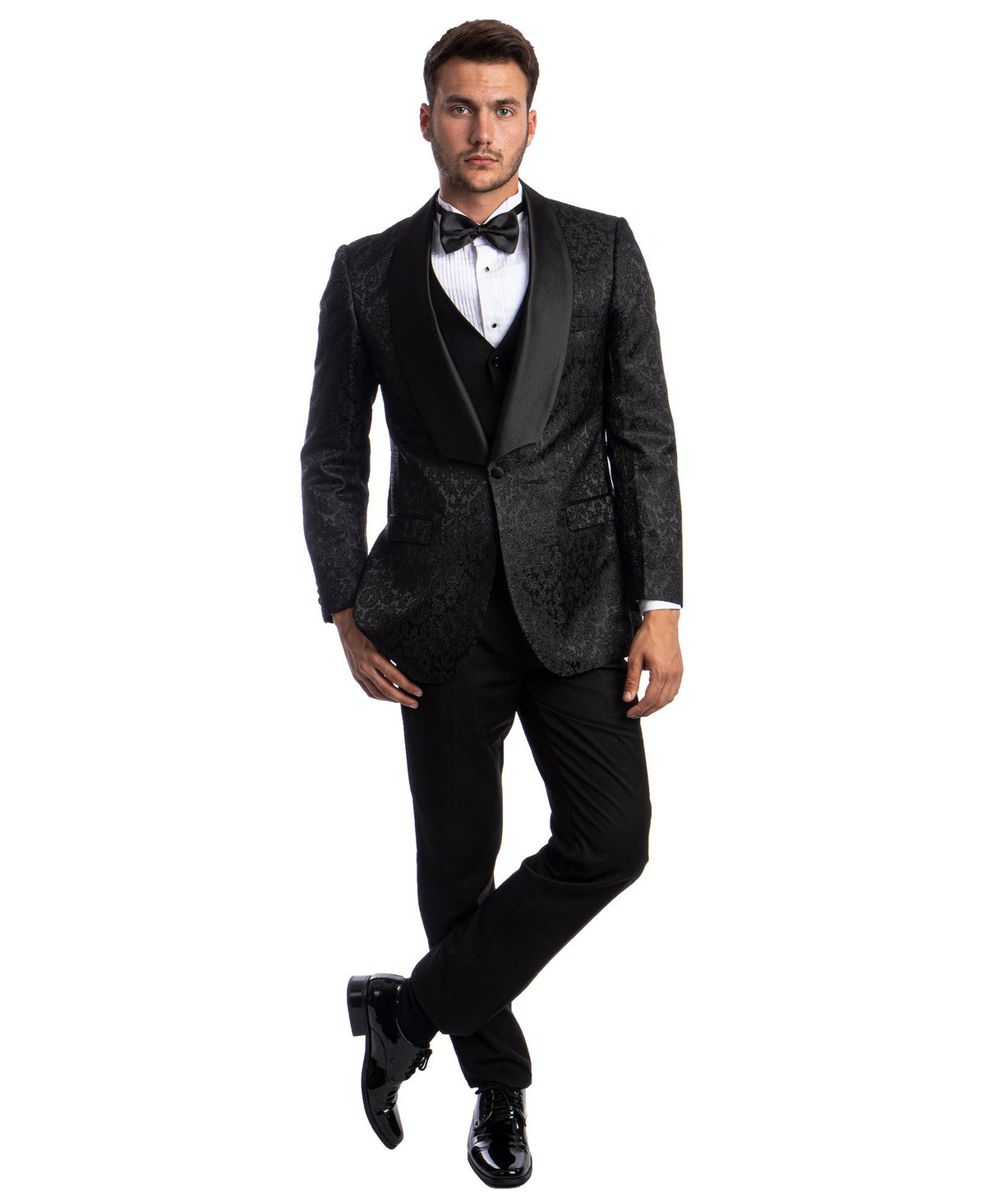 Black Paisley Three-Piece Hybrid Fit Suit — model view