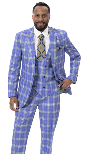 Blue & Green Plaid Three Piece Regular Fit Fashion Suit M2789