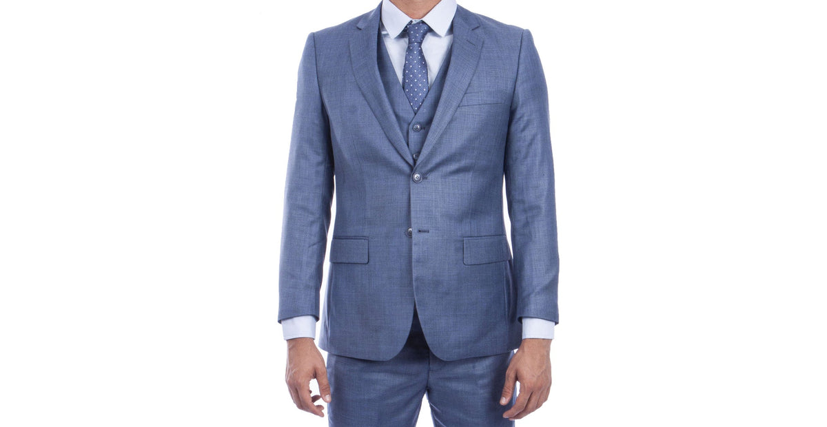 Closer front view of the ocean blue suit jacket and vest