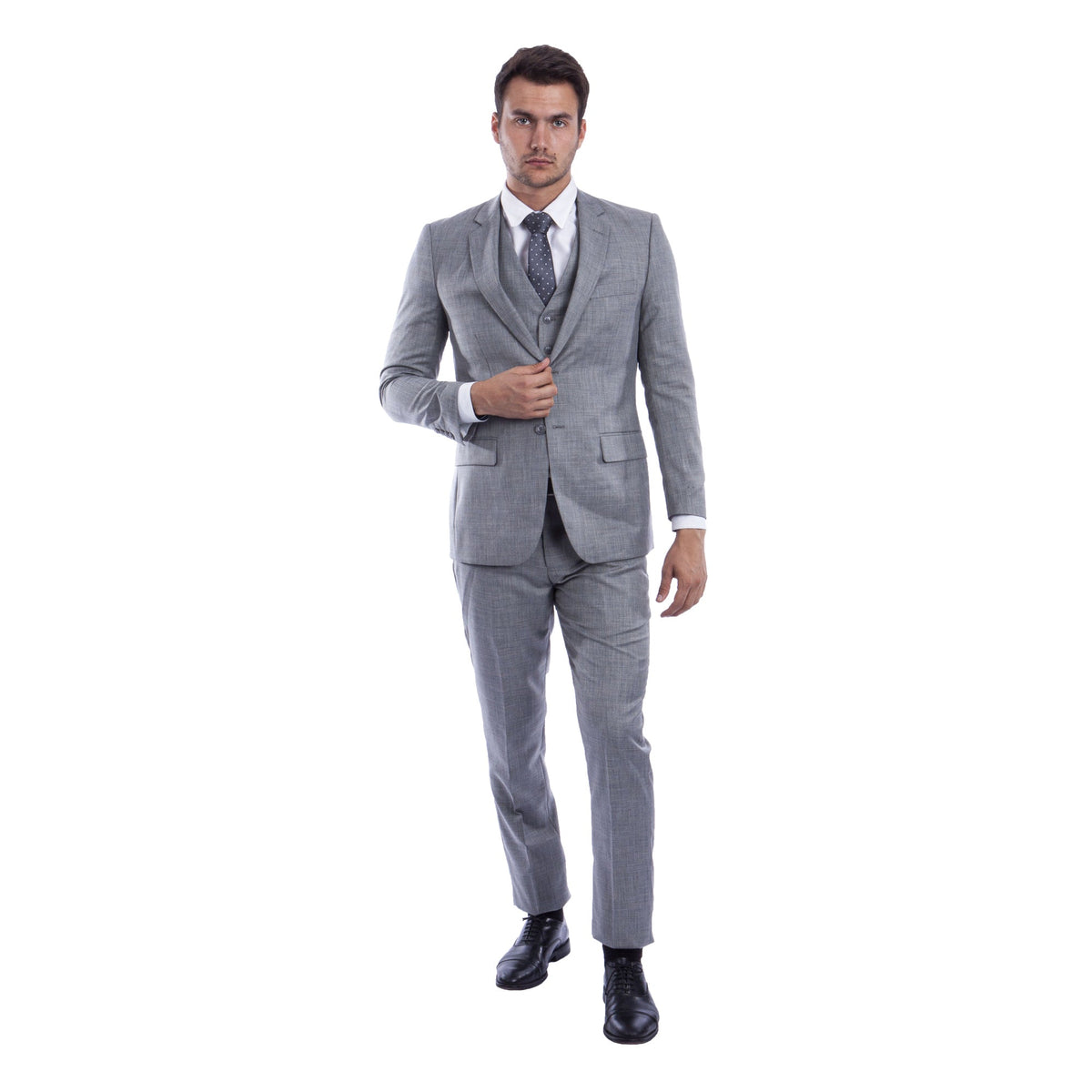 Full-length front view of the stone grey sharkskin three-piece suit