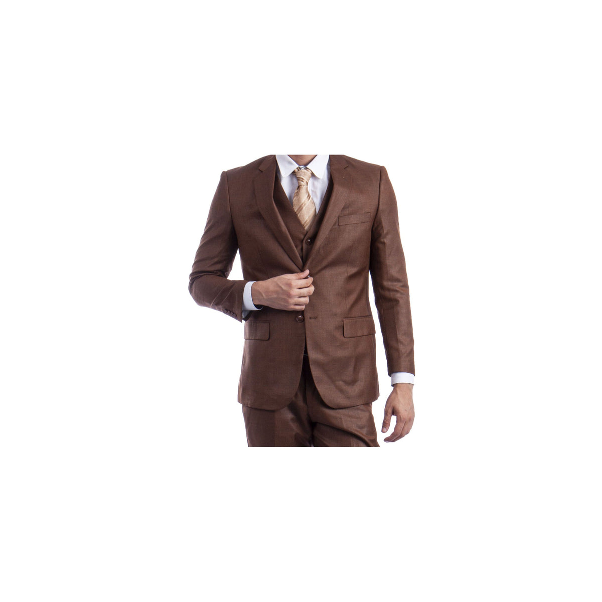 Closer front view of the cognac suit jacket and vest