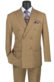 Sophistichic Collection: Camel Brown 2 Piece Windowpane Double Breasted Modern Fit Suit
