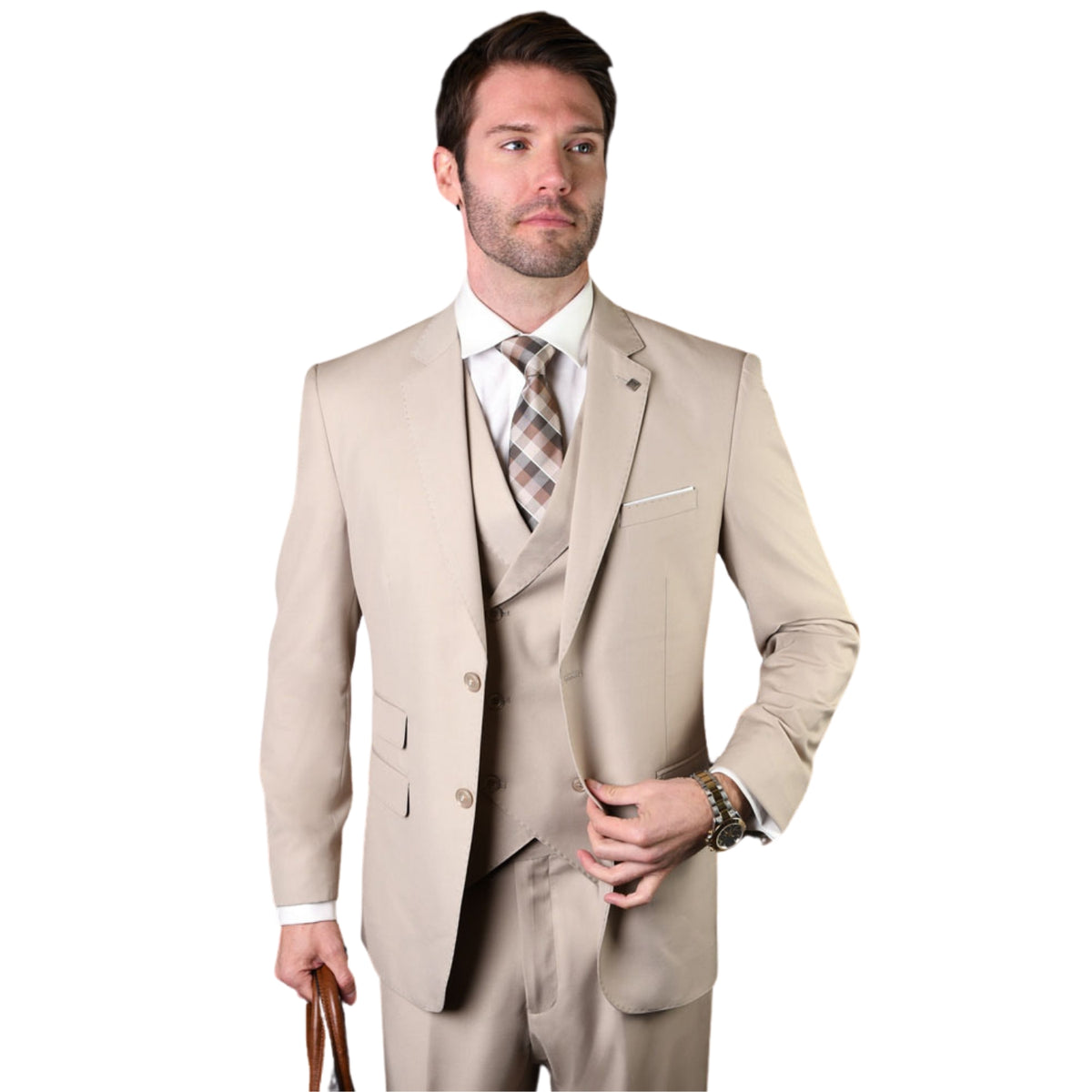 Classic Fit Tan 3PC Suit with Double-Breasted Vest | LunarLuxe ...