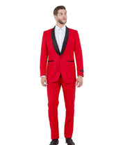 Regal Realm Collection: Slim Fit Red Tuxedo with Black Satin Shawl Collar – One Button