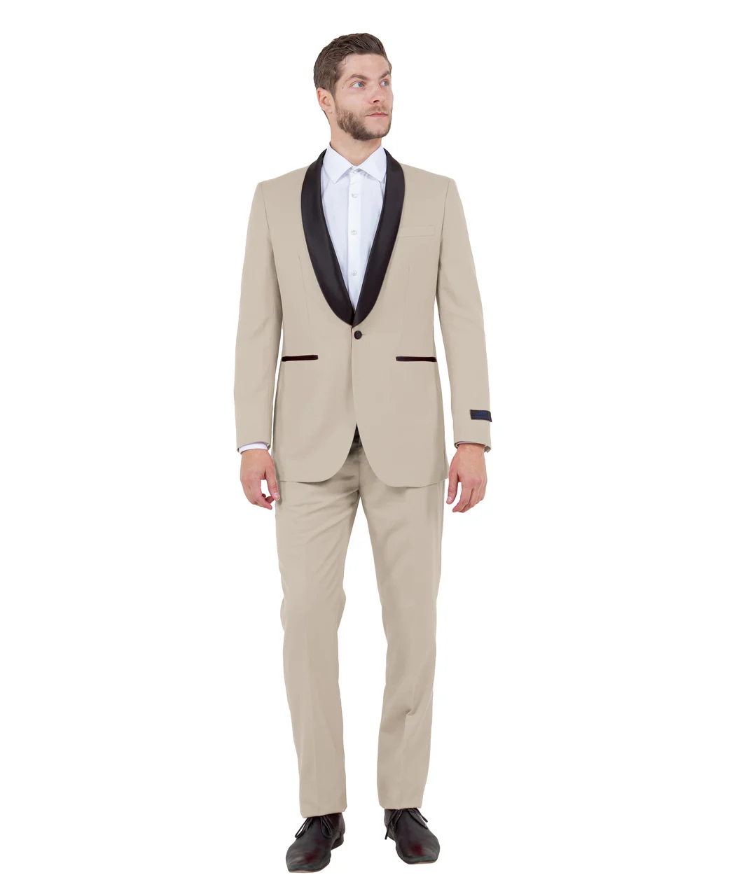 Model wearing a tan tuxedo with black satin shawl lapels, front view