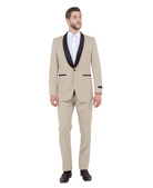 Model wearing a tan tuxedo with black satin shawl lapels, front view