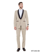 Regal Realm Collection: Slim Fit Tan Tuxedo with Black Satin Shawl Collar – One Button