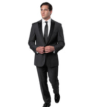 Zosimo Collection: Charcoal Grey Tuxedo with Black Satin Peak Lapel – Slim Fit