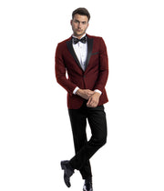 Zosimo Collection: Burgundy Tuxedo with Black Satin Peak Lapel and Black Pants – Slim Fit