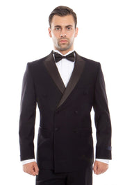 Phantom Collection: Navy Double Breasted Tuxedo with Black Satin Peak Lapel – Slim Fit