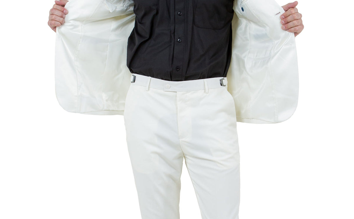 Ivory hybrid fit two-piece tuxedo showing jacket lining