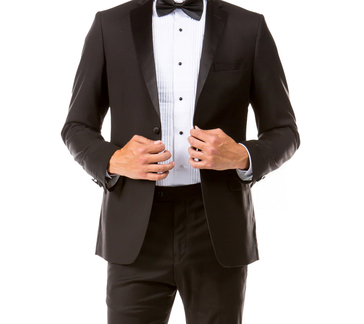 Black hybrid fit two-piece tuxedo jacket detail