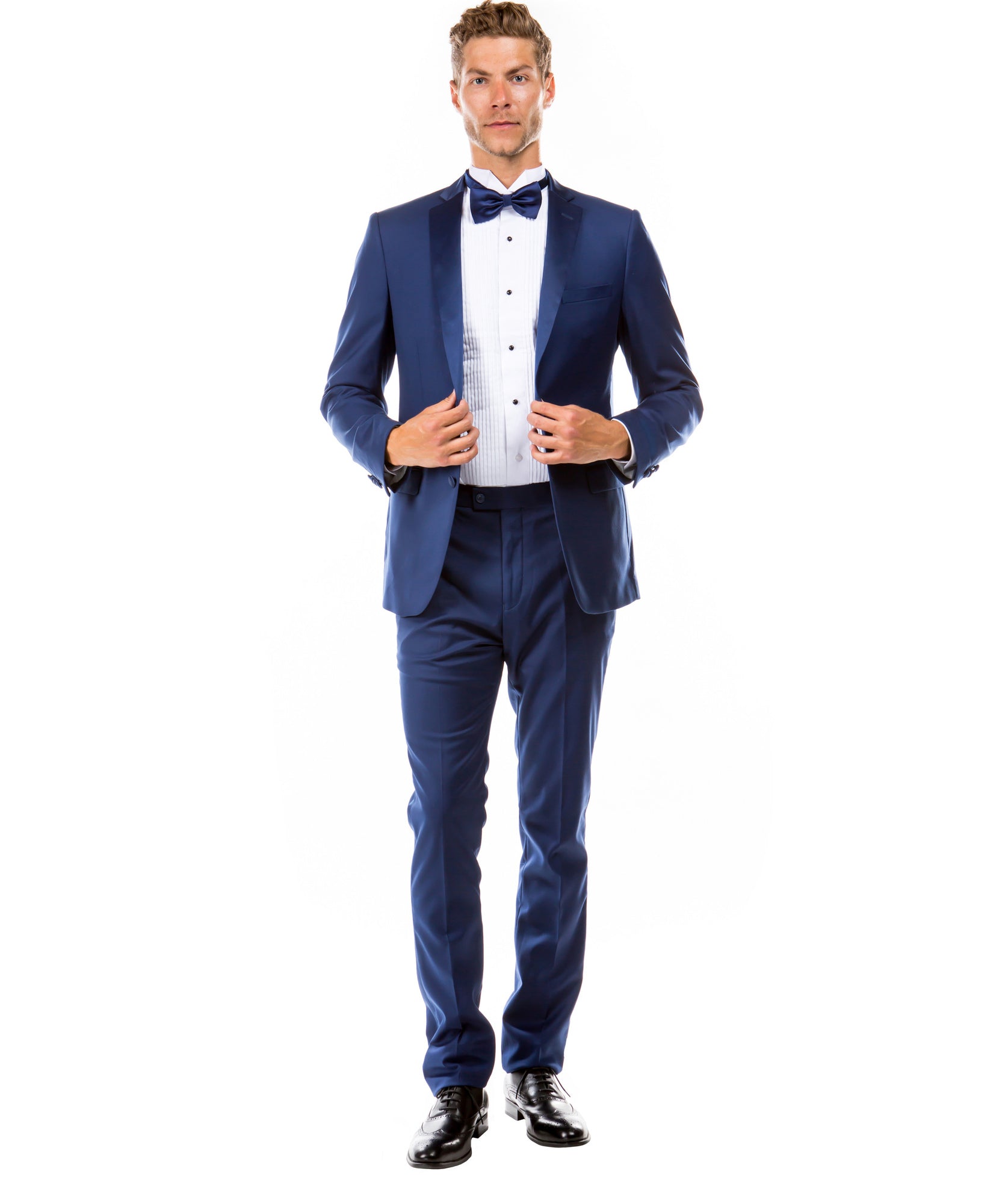 Indigo hybrid fit two-piece tuxedo on model