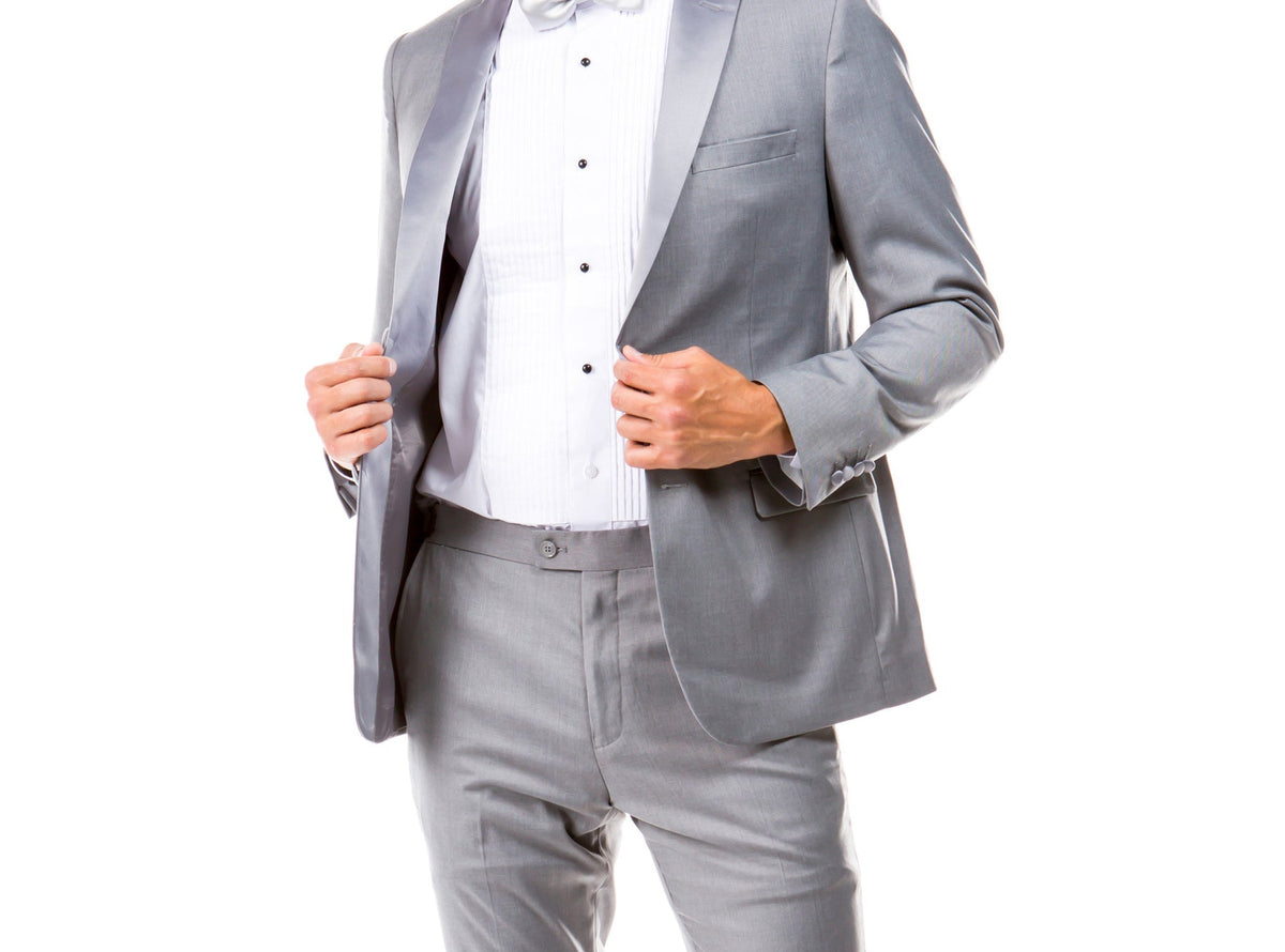 Grey hybrid fit two-piece tuxedo jacket detail