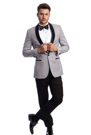 Sterling Collection: Light Grey Tuxedo with Black Satin Shawl Lapel – Slim Fit