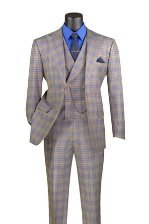 Elegancia Collection: Blue 3 Piece Windowpane Single Breasted Modern Fit Suit