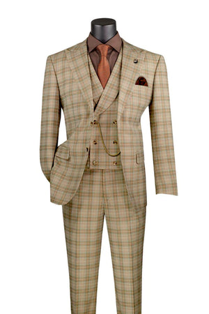 Men’s 3-Piece Windowpane Single-Breasted Modern Fit Suit - Khaki