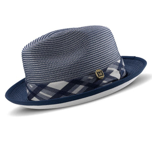 Navy Checker Plaid Fedora Dress Hat with Ribbon Band