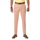 men’s pink checkered plaid modern fit pants front view on model