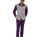 Montique 2-Piece Checkered Walking Suit- Plum Collar & Pants-2367