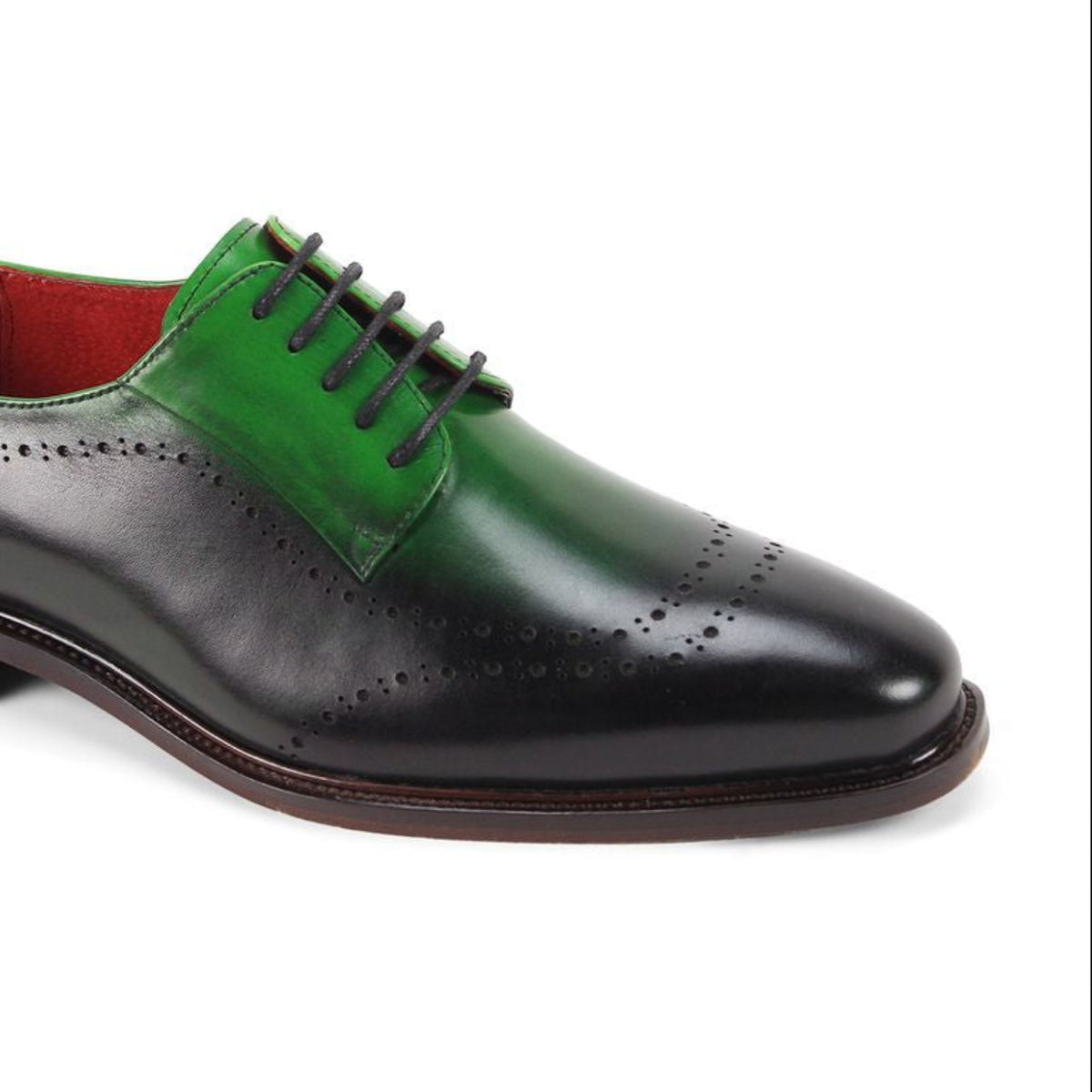 Angled side view of emerald green leather derby shoe with black burnished finish