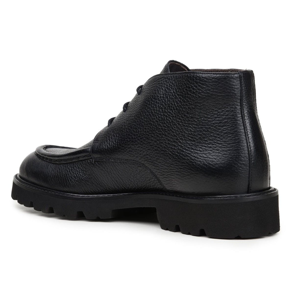 Angled view of black Belvedere calfskin chukka boot