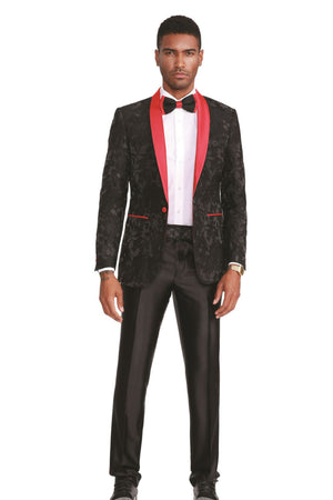 Decoroso Collection: Men's Floral Pattern Blazer With Interior Pic Stitching in Red & Black