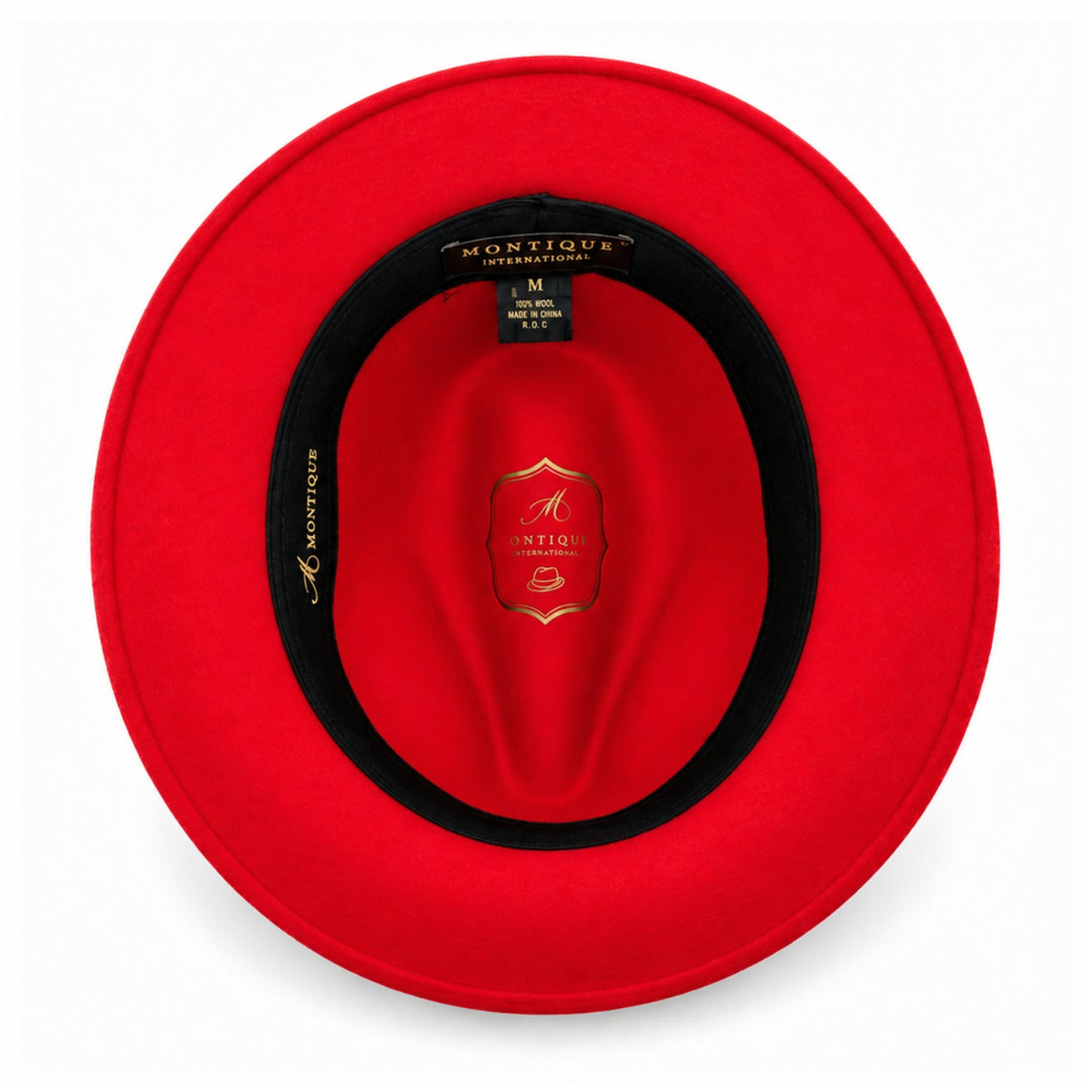 Red Lightfelt wide brim wool felt pinch crown fedora hat by Montique interior view with branded lining and black sweatband