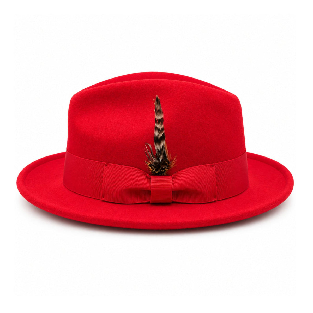 Red Lightfelt wide brim wool felt fedora hat side view with pinch crown and red grosgrain band