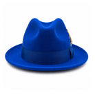 royal blue  Lightfelt 2 1/2 inch wide brim pinch crown fedora hat by Montique front view with grosgrain bow and feather accent