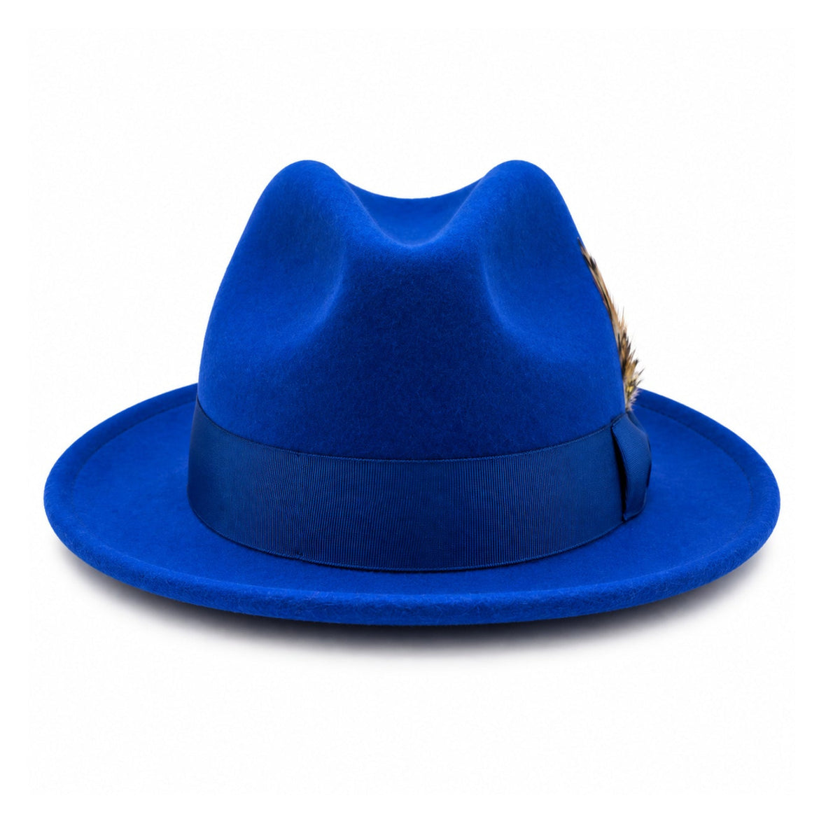 royal blue  Lightfelt 2 1/2 inch wide brim pinch crown fedora hat by Montique front view with grosgrain bow and feather accent