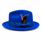 royal blue Montique Lightfelt wide brim wool felt fedora hat side view with pinch crown and black grosgrain band