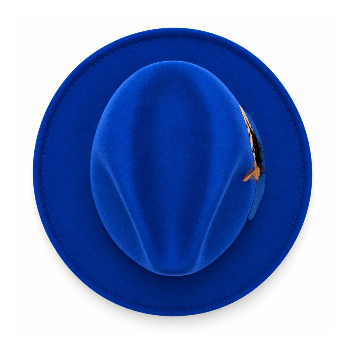royal Lightfelt 2 1/2 inch wide brim wool felt pinch crown fedora hat by Montique top view with feather accent