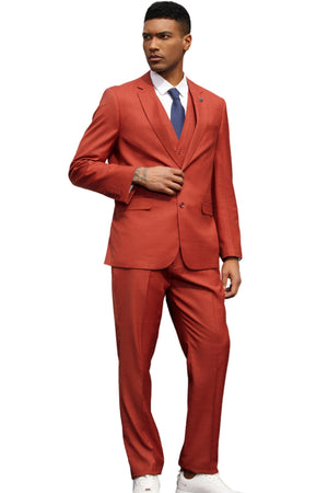 PoshPerry Collection: Men's 3 Piece Solid Textured Hybrid Fit Suit In Rust